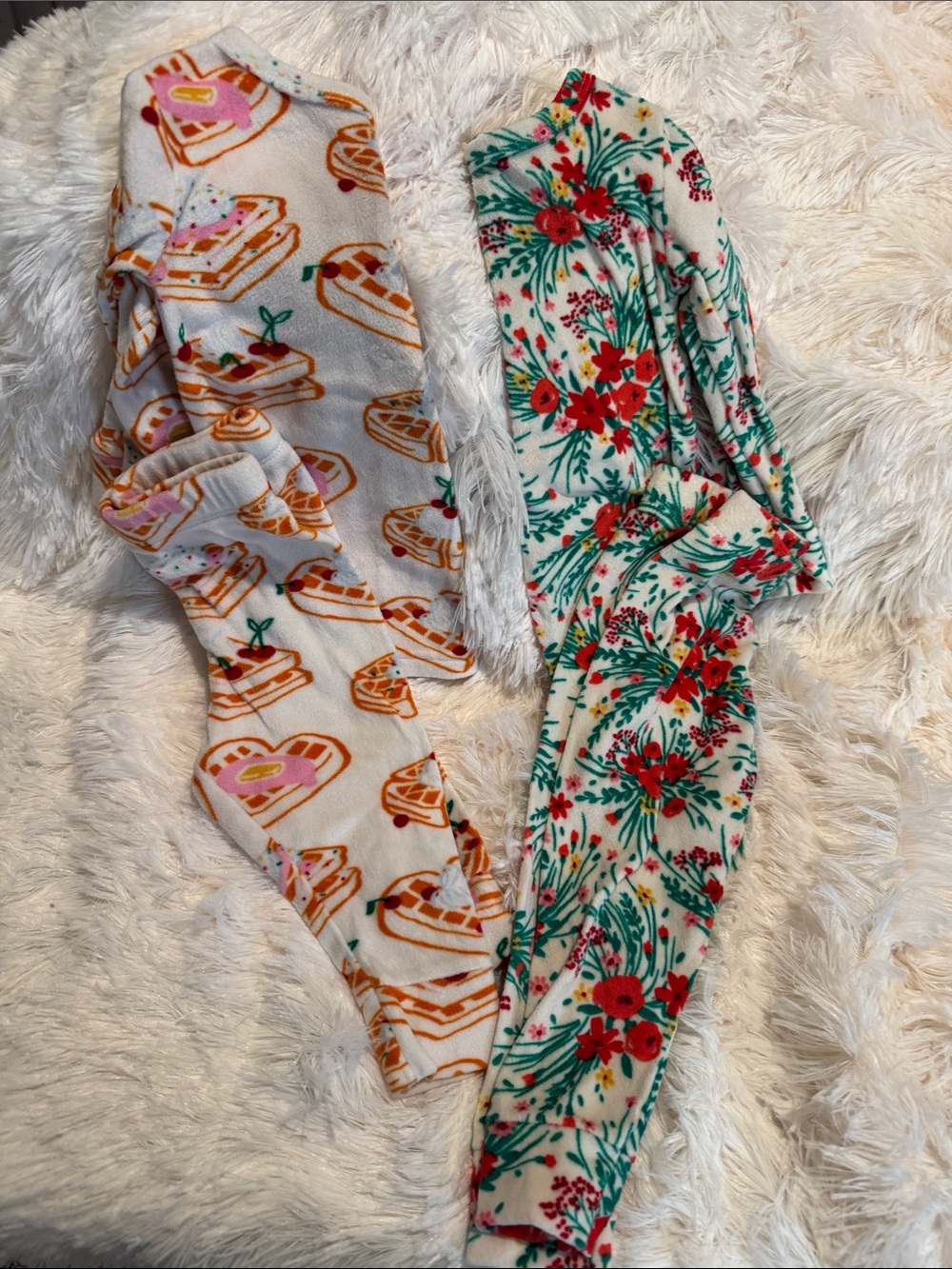 Cat & Jack Cream Fleece Pajama Bottoms with Red Floral and Orange Pancake Prints